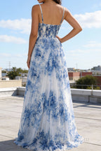 White Blue Flower Spaghetti Straps Ruched Corset Long Prom Dress With Slit