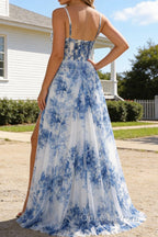 White Blue Flower Spaghetti Straps Ruched Corset Long Prom Dress With Slit