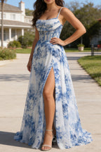 White Blue Flower Spaghetti Straps Ruched Corset Long Prom Dress With Slit