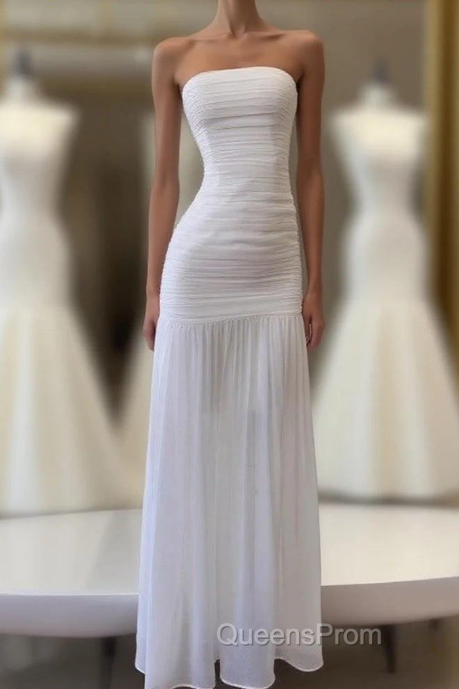 White Bodycon Dress Strapless Chiffon Long Evening Prom Dress Simple Evening Dress