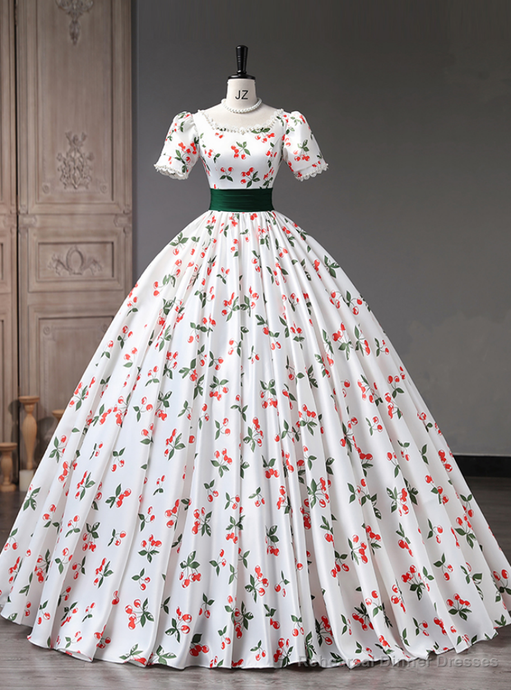White Cherry Print Short Sleeve Quinceanera Dress Main image