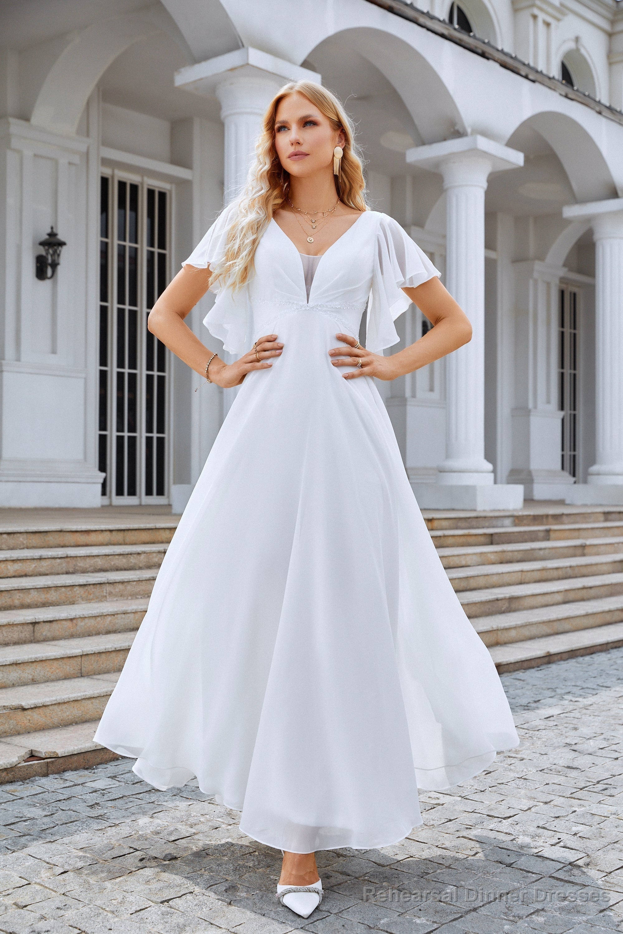 White Chiffon Prom Dresses V-Neck Chiffon A-Line Sequin Floor Length Long Dress with Flared Sleeves Main image