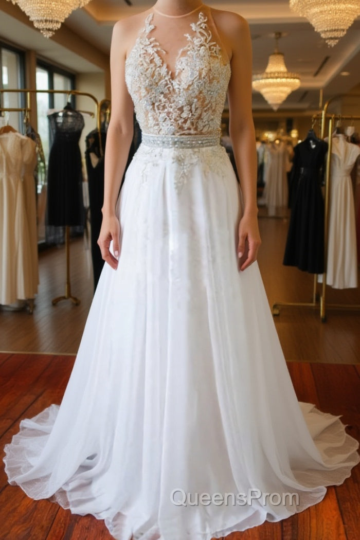 White Chiffon Tulle Appliques Lace Sweep Train Sexy Open Back Evening Prom Dress, Lace Formal Dress Main image