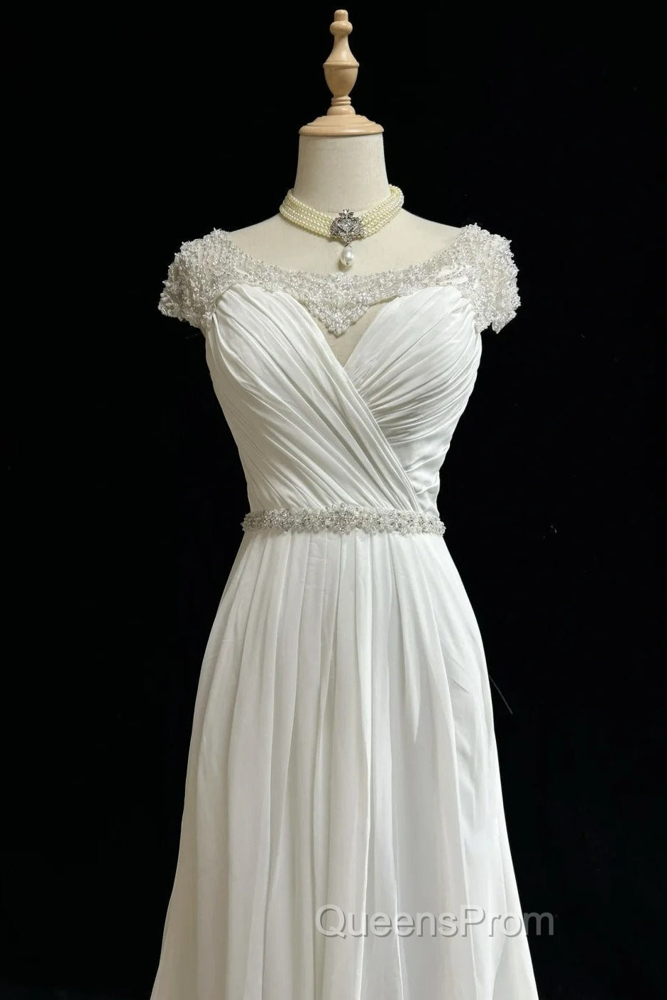 White Elegant A-Line Chiffon V-Neck Long Evening Prom Dress With Beading Simple Wedding Dress Secondary image