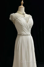 White Elegant A-Line Chiffon V-Neck Long Evening Prom Dress With Beading Simple Wedding Dress