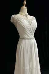 White Elegant A-Line Chiffon V-Neck Long Evening Prom Dress With Beading Simple Wedding Dress