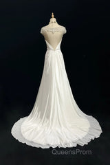 White Elegant A-Line Chiffon V-Neck Long Evening Prom Dress With Beading Simple Wedding Dress