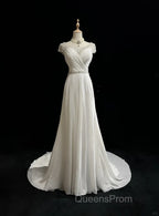 White Elegant A-Line Chiffon V-Neck Long Evening Prom Dress With Beading Simple Wedding Dress