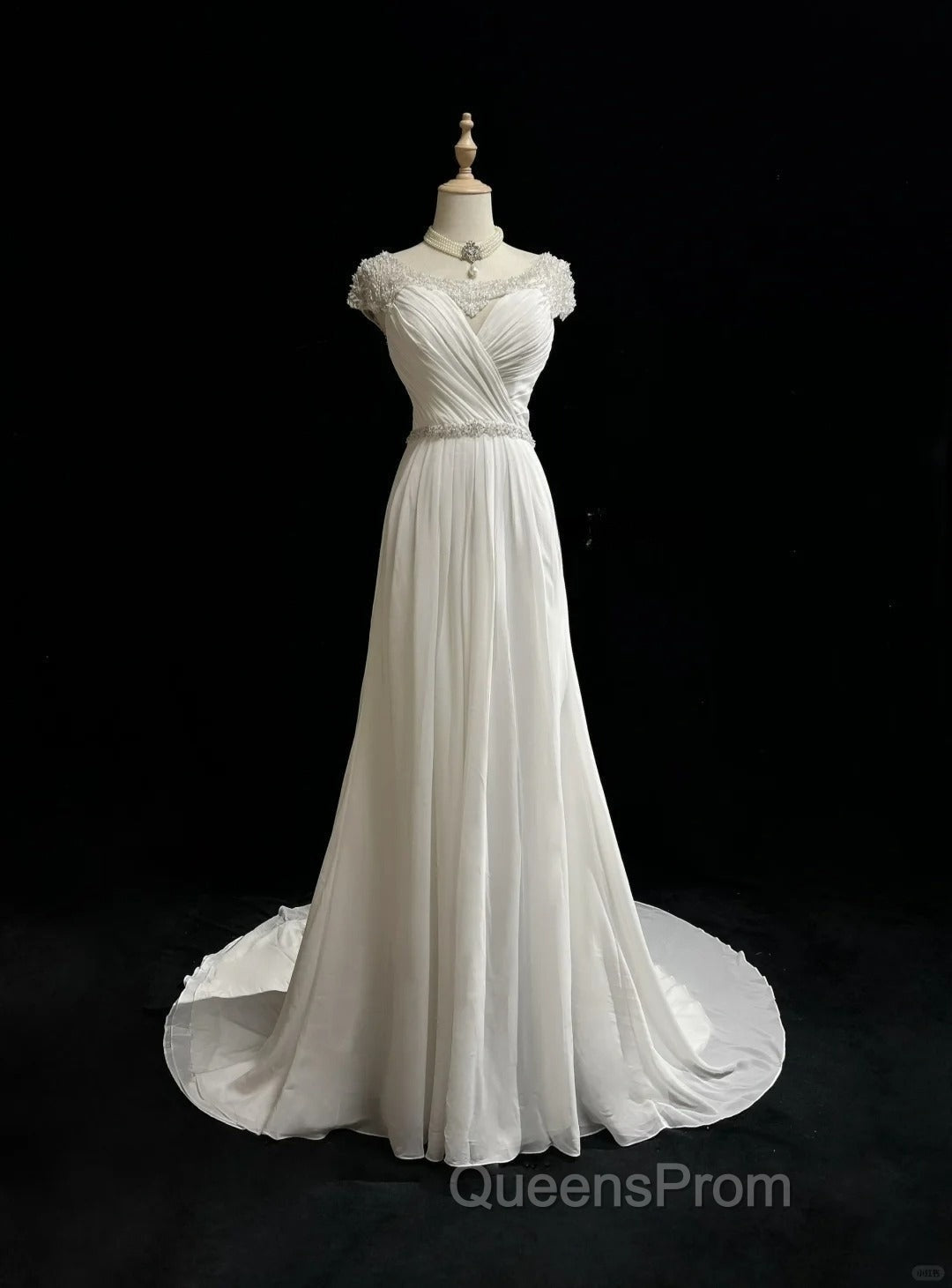 White Elegant A-Line Chiffon V-Neck Long Evening Prom Dress With Beading Simple Wedding Dress