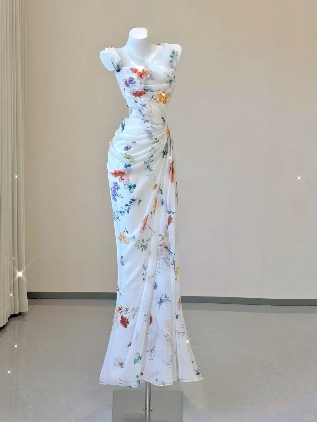 White Floral Elegant Sweet Sophisticated Long Chiffon Ball Gown Classy Evening Dress Party Dress
