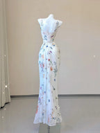 White Floral Elegant Sweet Sophisticated Long Chiffon Ball Gown Classy Evening Dress Party Dress
