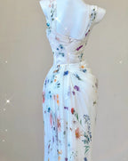 White Floral Elegant Sweet Sophisticated Long Chiffon Ball Gown Classy Evening Dress Party Dress