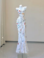 White Floral Elegant Sweet Sophisticated Long Chiffon Ball Gown Classy Evening Dress Party Dress