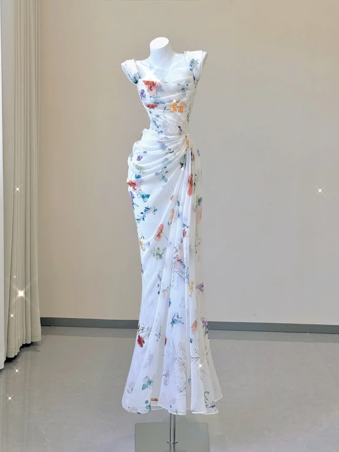 White Floral Elegant Sweet Sophisticated Long Chiffon Ball Gown Classy Evening Dress Party Dress