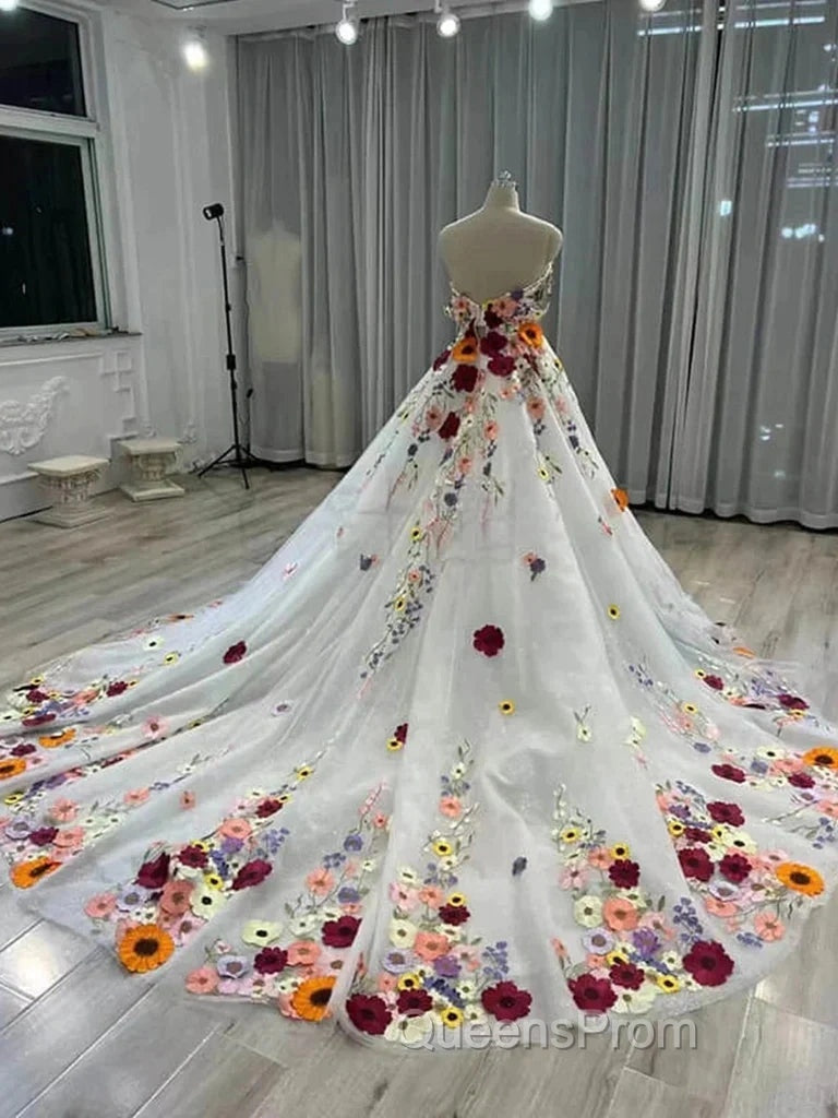 White Floral Sweetheart Long Sleeves Ball Gown Evening Prom Dress Secondary image