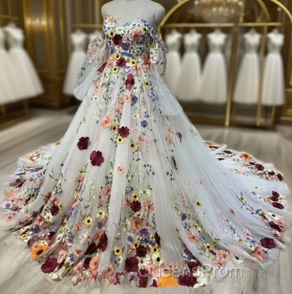 White Floral Sweetheart Long Sleeves Ball Gown Evening Prom Dress Main image