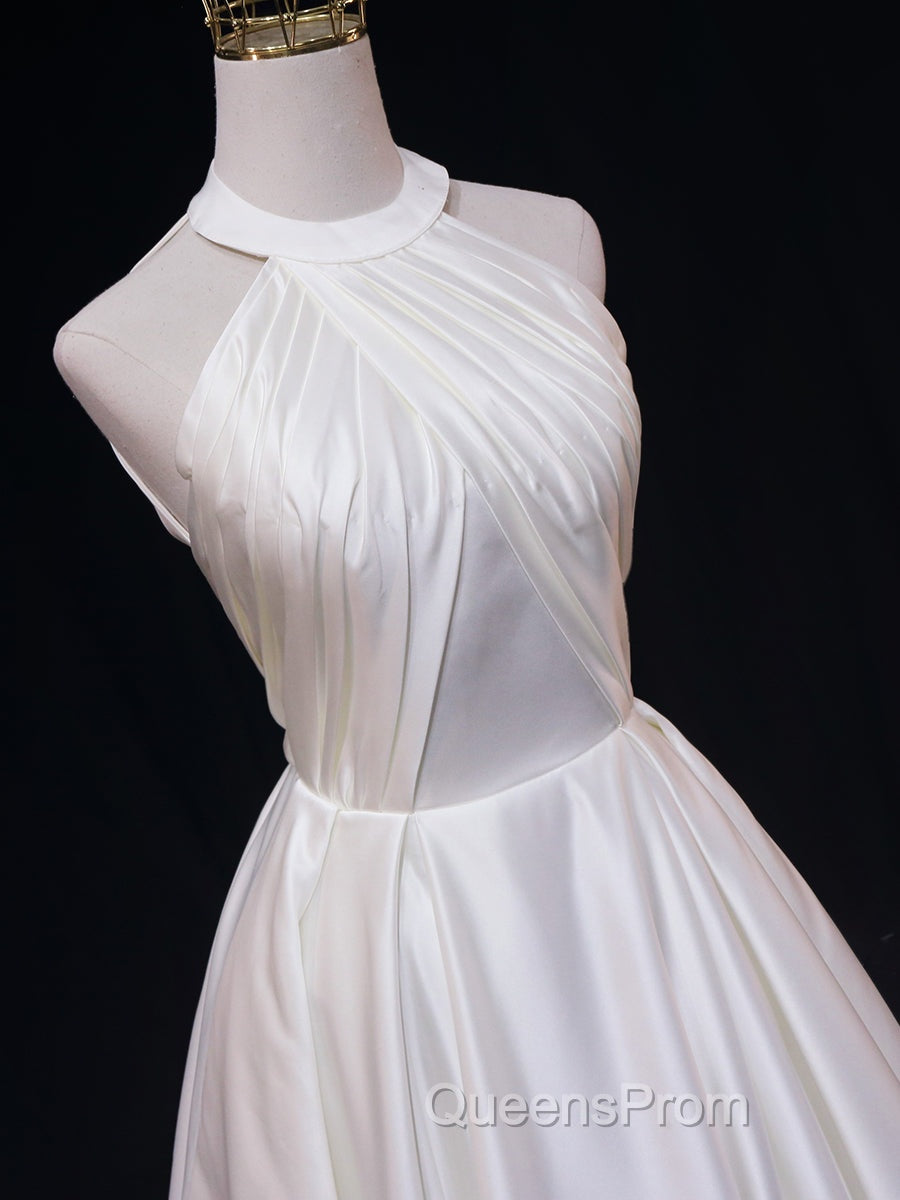 White Halter Simple Satin Backless Long Weddign Party Dress, White Long Formal Dress Secondary image