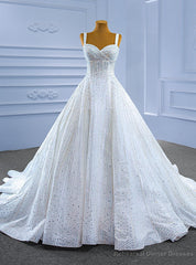 White Heavy Beading Straps Luxury Wedding Dress