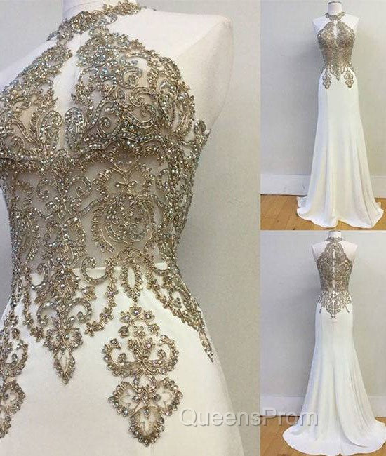 White High Neck Lace Applique Long Evening Prom Dress, Evening Dress Main image