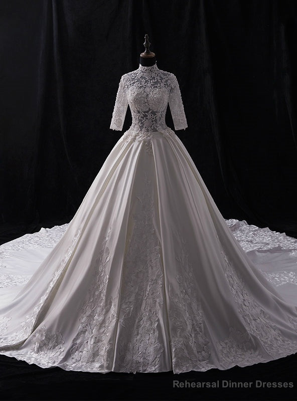 White High Neck Satin Appliques Beading Half Sleeve Wedding Dress Main image