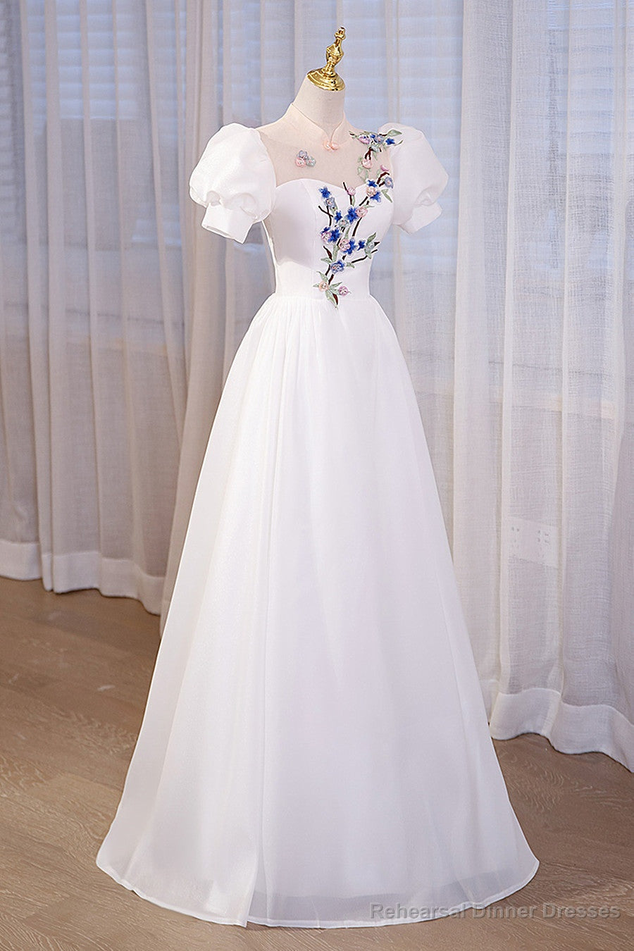 White High Neckline A-line Short Sleeves Party Dress, White Long Formal Dress Main image