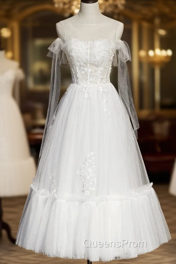 White Lace A-Line Tea Length Evening Prom Dress Main image