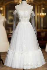 White Lace A-Line Tea Length Evening Prom Dress