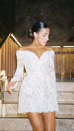 White Lace Bridal Dress, Long Sleeves Mini Wedding Gown,