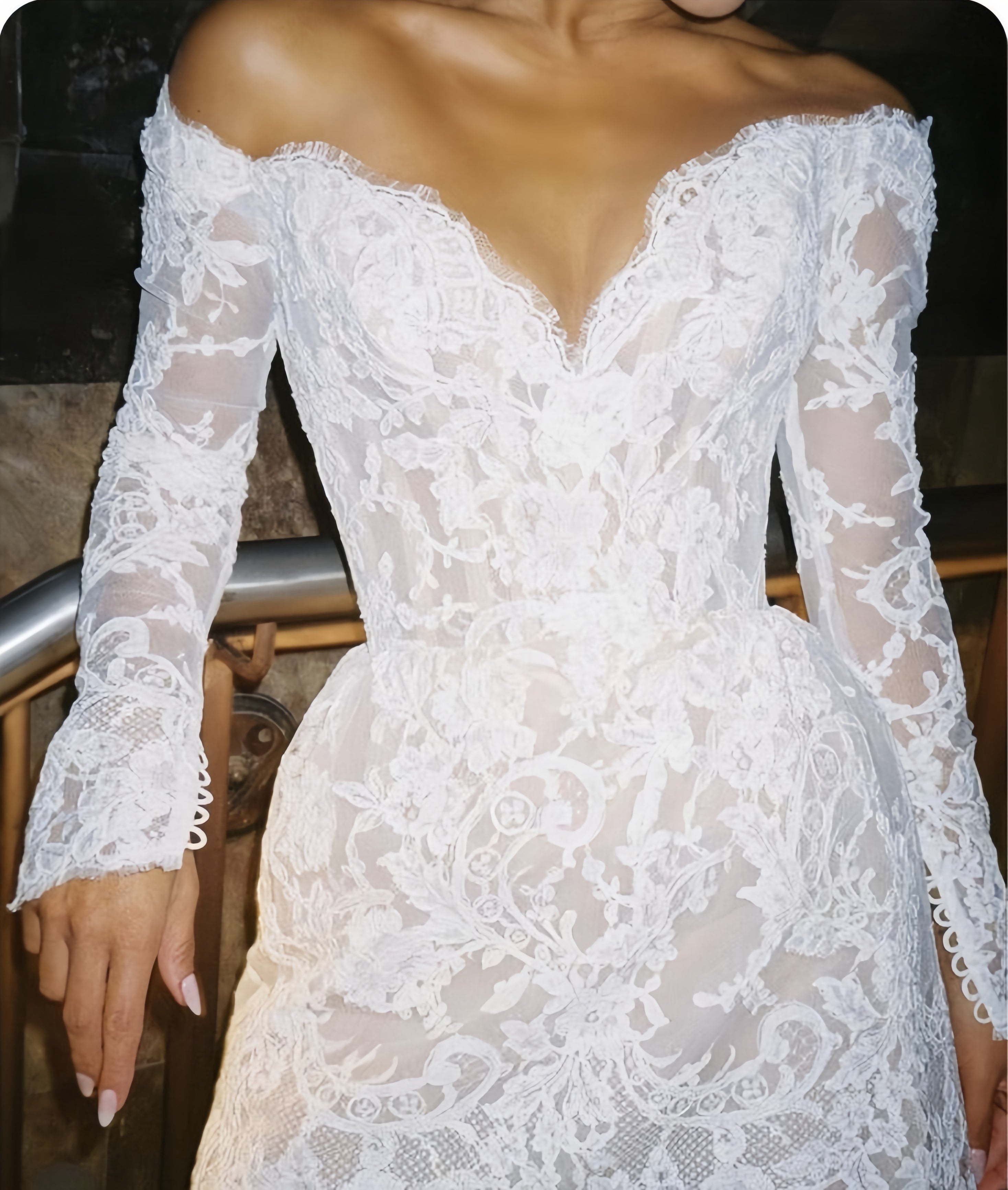 White Lace Bridal Dress, Long Sleeves Mini Wedding Gown,