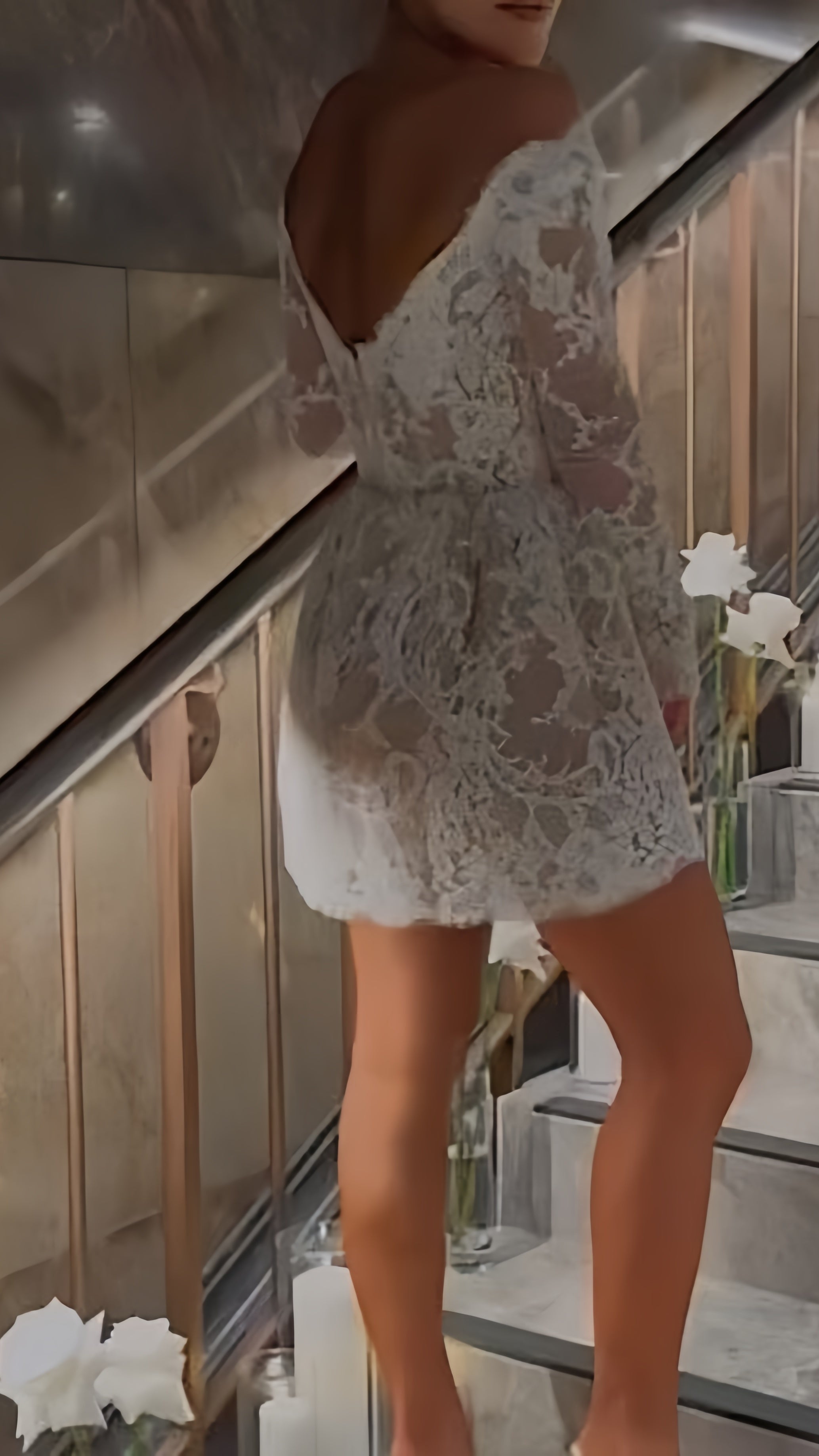 White Lace Bridal Dress, Long Sleeves Mini Wedding Gown,