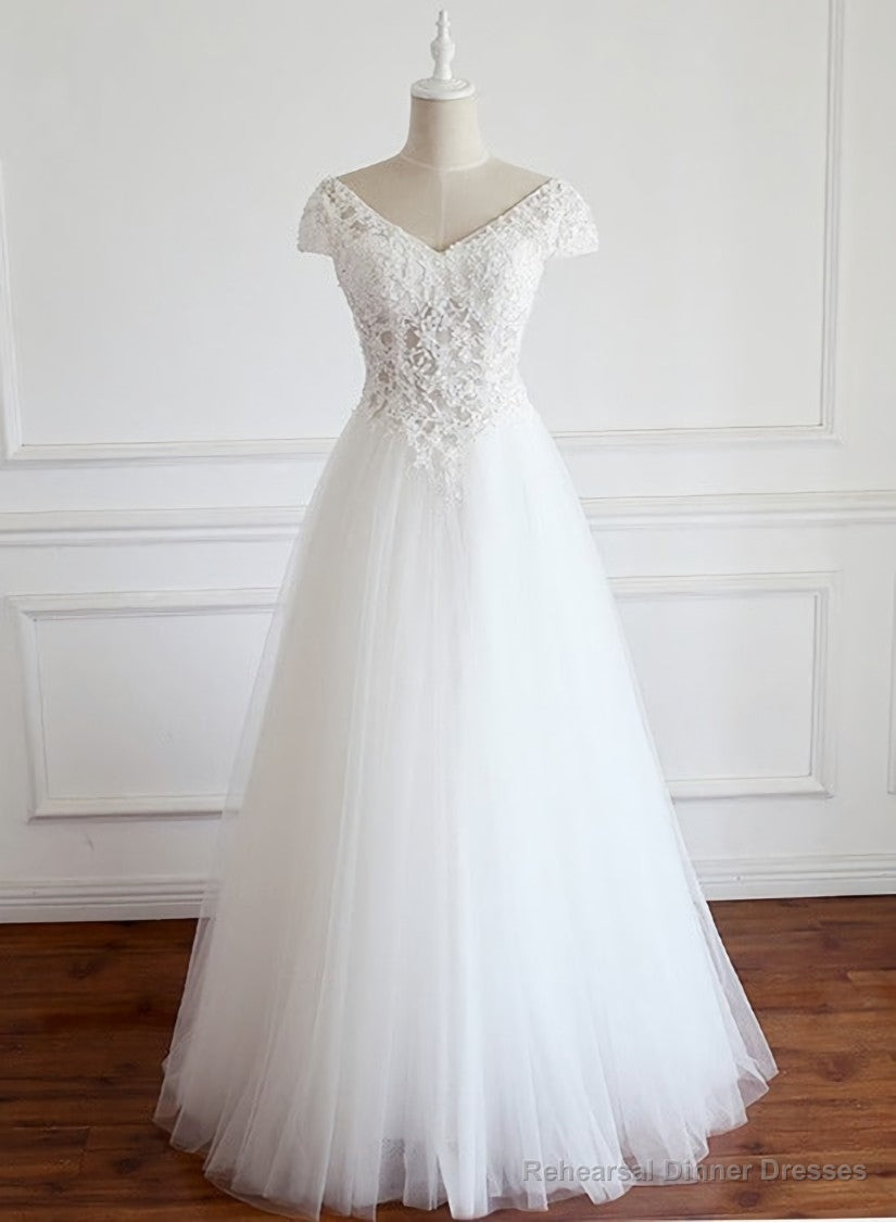 White Lace Cap Sleeves Tulle Floor Length Party Dress, A-line White Wedding Dresses Secondary image