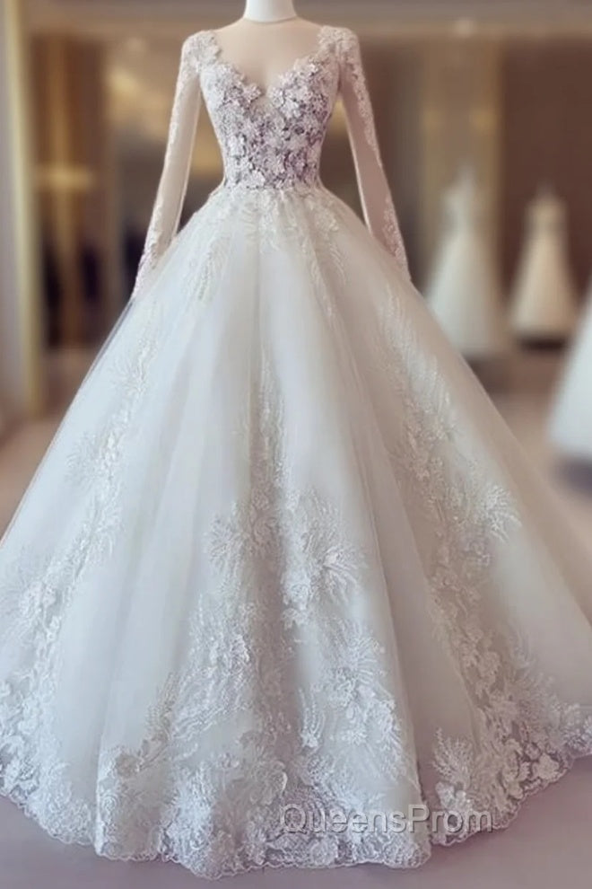 White Lace Long Sleeve Ball Gown Evening Prom Dress Wedding Dress Main image
