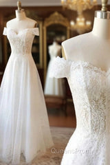 White Lace Off Shoulder Long Evening Prom Dress White Lace Evening Dress