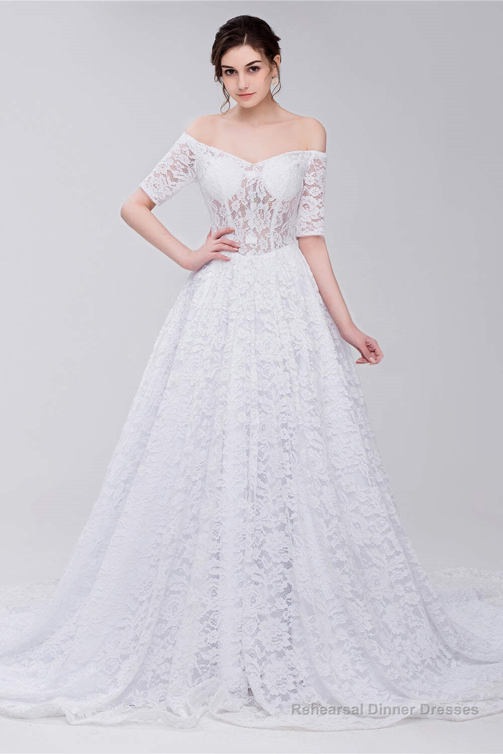 White Lace Off The Shoulder Short Sleeve Corset Wedding Dresses Main image