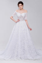 White Lace Off The Shoulder Short Sleeve Corset Wedding Dresses