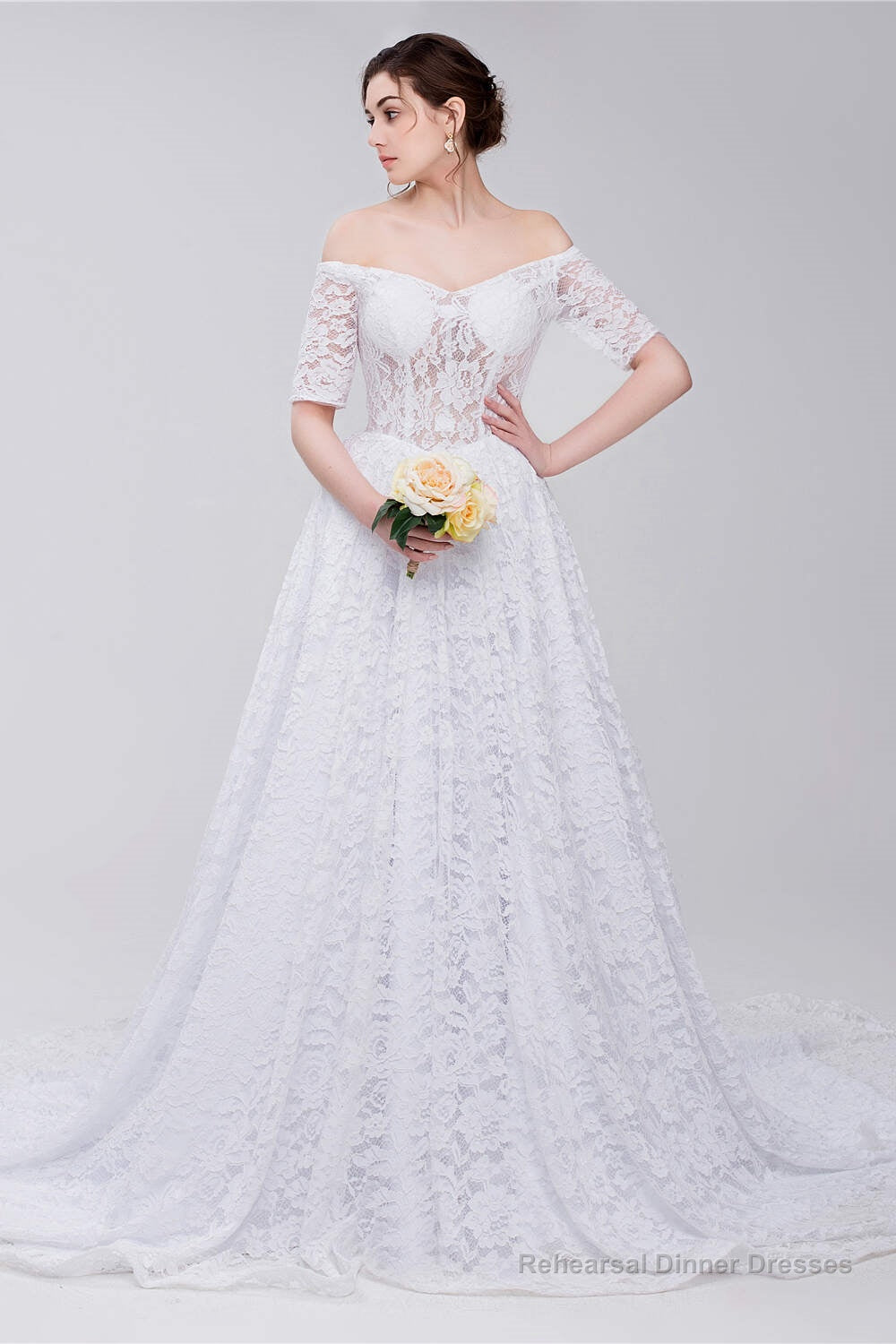 White Lace Off The Shoulder Short Sleeve Corset Wedding Dresses Secondary image