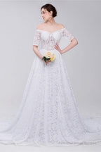 White Lace Off The Shoulder Short Sleeve Corset Wedding Dresses