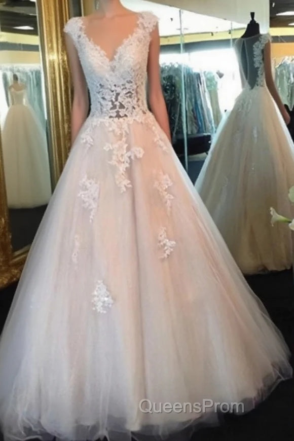 White Lace Evening Prom Gown, A-Line Tulle See Through Evening Prom Dress, Formal Dress Main image