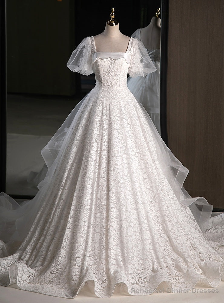 White Lace Puff Sleeve Square Neck Pearls Wedding Dress Main image