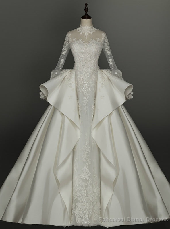 White Lace Satin Long Sleeve High Neck Backless Appliques Wedding Dress Main image