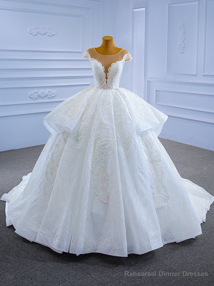 White Lace Sequins Cap Sleeve Pearls Wedding Dress Main image