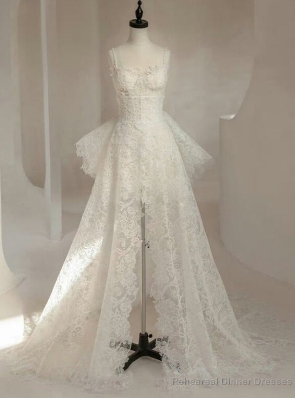 White Lace Spaghetti Straps Wedding Dress With Detachable Train Main image