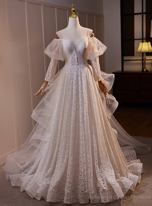 White Lace Tulle Long Sleeve Straps Wedding Dress Main image
