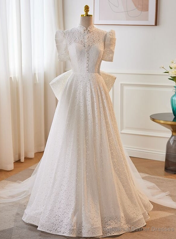 White Lace Tulle Short Sleeve Wedding Dress Main image