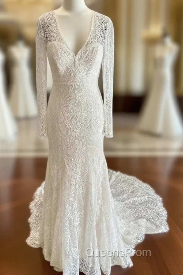 White Lace V-Neck Lace-Up Back Long Sleeve Mermaid Wedding Dress Sexy