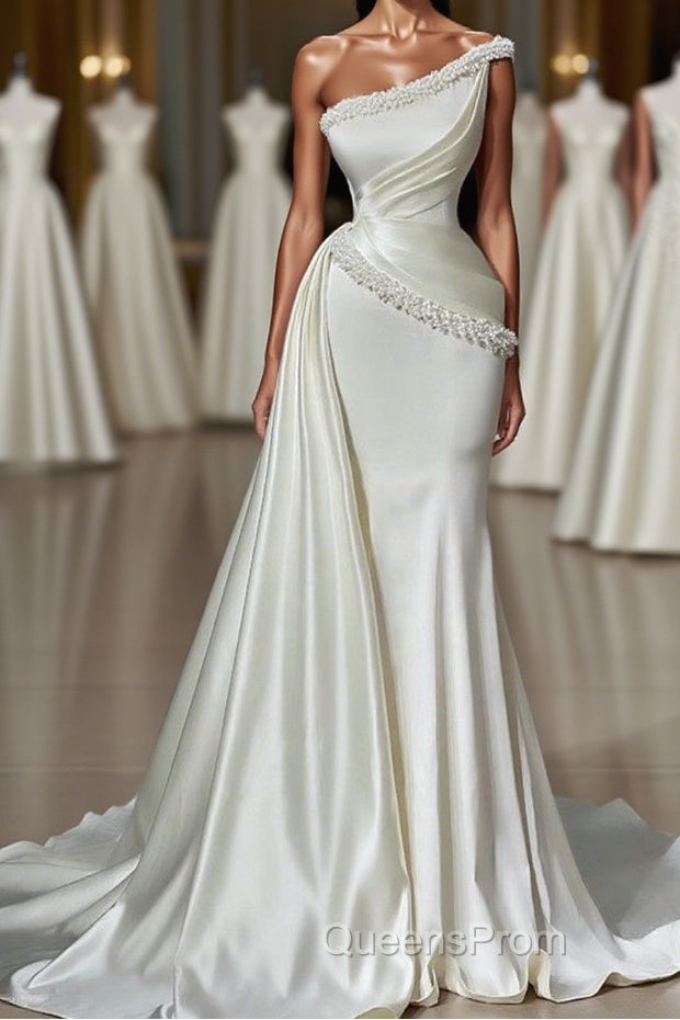 White Long Mermaid One Shoulder Satin Beads Formal Evening Prom Dress Main image
