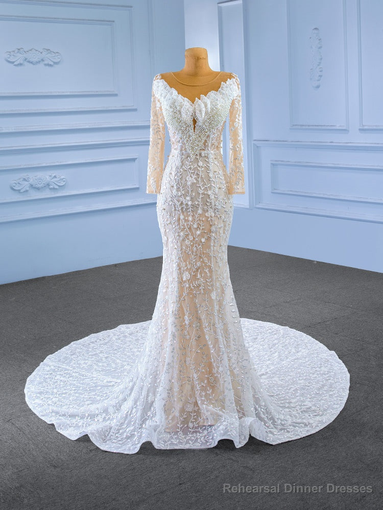 White Long Sleeve Sequins Beading Pearls Wedding Dress Main image