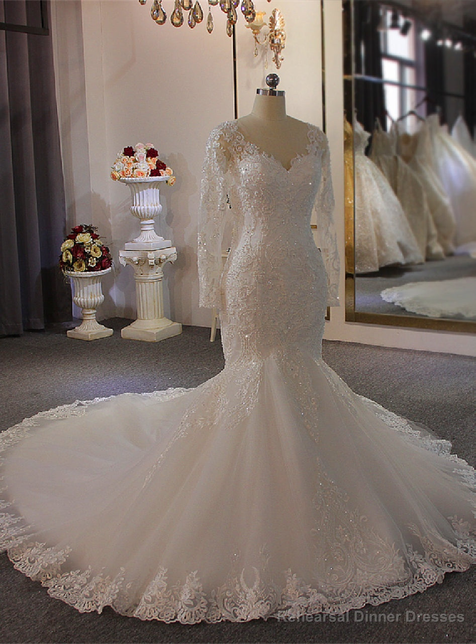 White Long Sleeve V-neck Pearls Wedding Dress Main image
