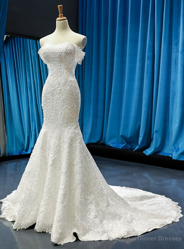 White Memaid Tulle Lace Appliques Off the Shoulder Wedding Dress Main image