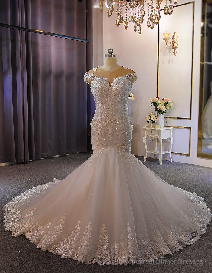 White Mermaid Appliques Cap Sleeve Wedding Dress Main image